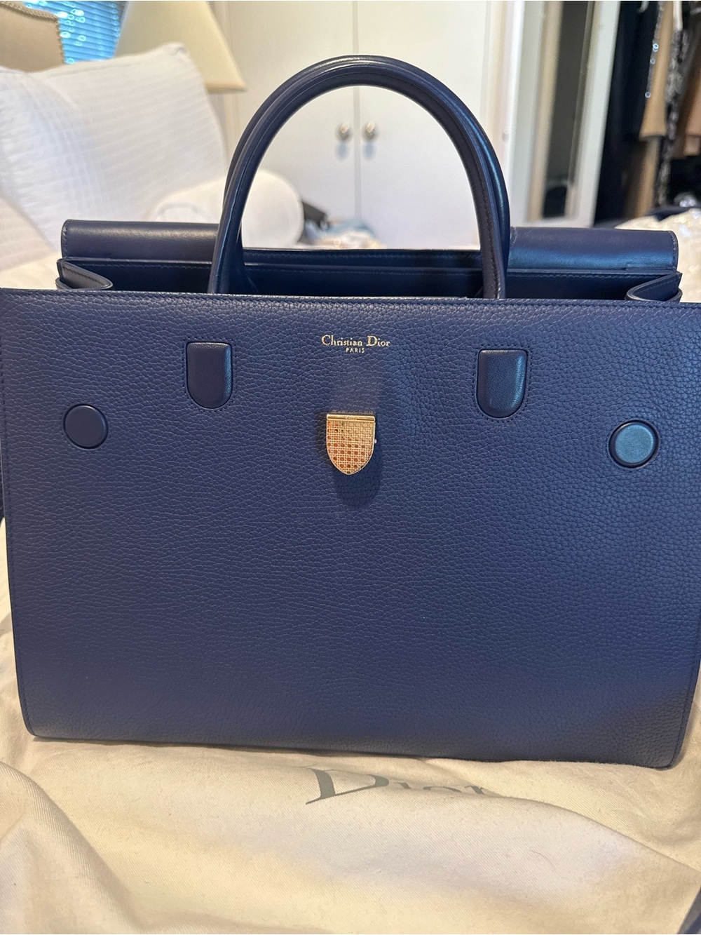 Dior Navy Pebbled Leather Top-Handle Briefcase with Gold Accent